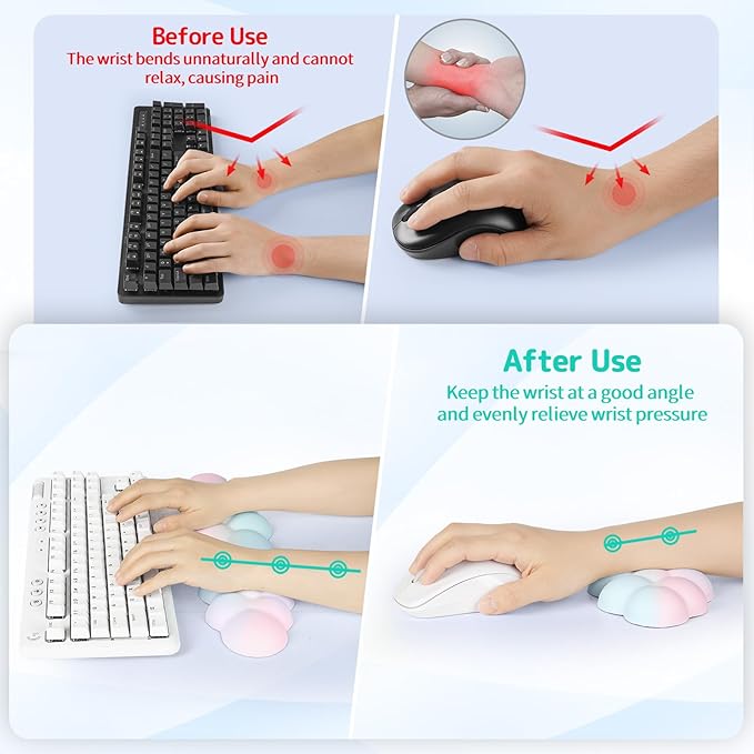 Sushret Cloud Wrist Rest Keyboard, Cloud Keyboard Wrist Pad Set with PU Leather Memory Foam, Cute Arm Rest for Palm Support, PC/Gaming Desk Accessories/Office Setup/Computer Hand Cushion - Rainbow