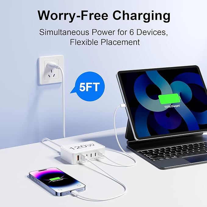 120W USB C Charger Block, 6 Port USB Charging Station for Multiple Devices, PD 30W Type C Multi Port Fast Charging Hub for iPhone 17 16 15 14 Pro Max ipad Samsung Galaxy, for Travel Home Office, White
