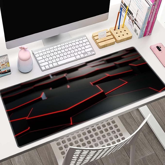 Gaming Mouse Pad Large, Keyboard Mouse Mat Desk Pad, Non-Slip Rubber Base with Stitched Edges Mousepad, 31.5X11.8 inch Abstract Black Hexagon Background with Red Line