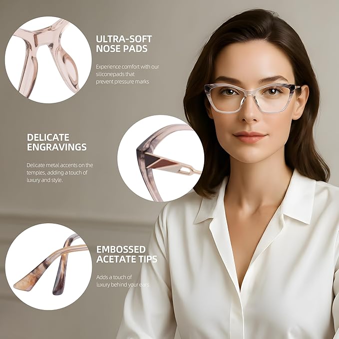 Crystal Pink Blue Light Glasses for Woman: Rose Gold Hinges, Feather-Light Reading Glasses for Working & Streaming