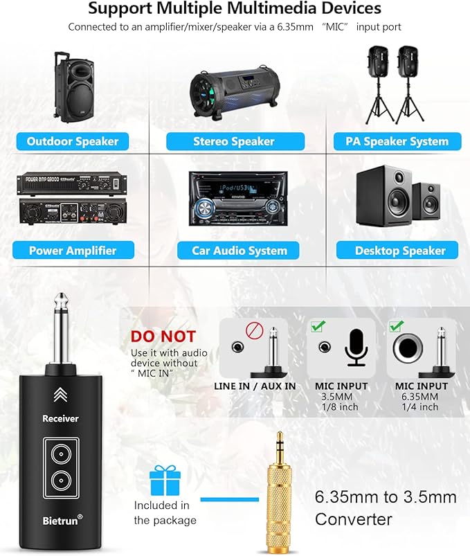 Bietrun Rechargeable Wireless Microphone,Dual Metal Cordless Handheld Dynamic Wireless Mics with Bluetooth, UHF 240FT Range for 1/4'',1/8''Output,PA System,Dj,Mixer,Church(White＆Black)
