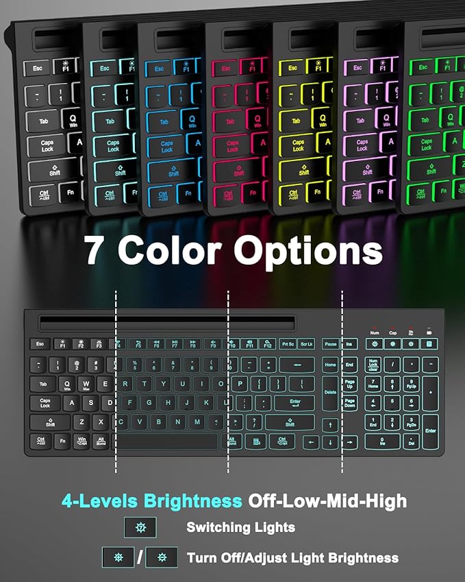 Wireless Keyboard and Mouse Combo, 7 Backlit Effects, Light Up Letters, Rechargeable, Phone Holder, 6 Button Mouse, Ergonomic Tilt Angle, 2.4GHz Silent USB Keyboard Mouse for Laptop, Computer, PC