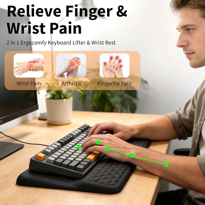 Wrist Rest with Keyboard Stand, Computer Wrist Support Pad, Ergonomic Keyboard Riser Hand Rest Soft Memory Foam Cushion Holder Gaming Typing Desk Accessories for Office Home School（Black）