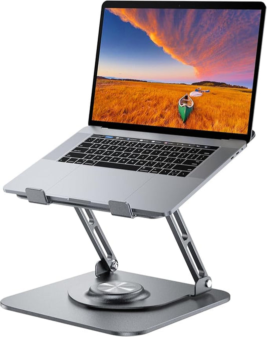 JOYEKY Laptop Stand for Desk, Adjustable Computer Stand with 360° Rotating Base, Ergonomic Laptop Riser for Collaborative Work, Foldable & Portable Laptop Stand, fits for All 10-16" Laptops (Grey)