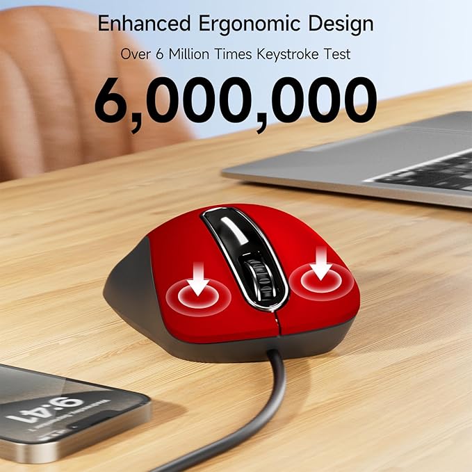 memzuoix Wired Mouse, USB Computer Mouse 1400 DPI Mobile Optical Mouse Ergonomic Design Computer Mice with 5FT Cord for Laptop, PC, Desktop, MacBook, 5 Buttons (Pomegranate Red)
