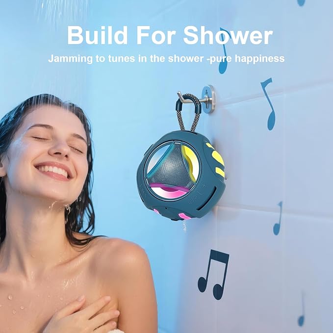 Portable Bluetooth Speaker, IPX7 Waterproof Shower Speaker, Wireless Outdoor Speakers, Floating, Built-in Mic, 24H Playtime with LED Lights, Loud HD Sound, Powerful Bass, Gifts for Unisex - Blue