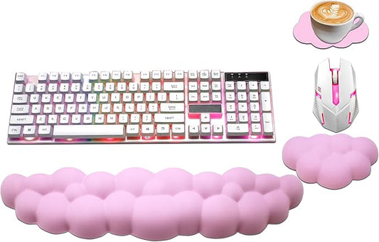 Cloud Wrist Rest Set, Ergonomic, Whimsical, Pink, PU Leather, Memory Foam