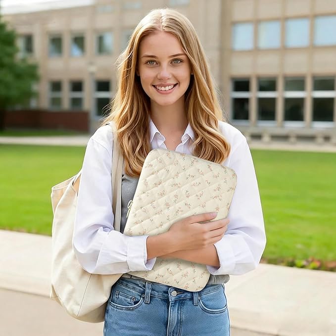 Puffy Laptop Sleeve 13 Inch Cute Quilted Laptop Protective Case Padded Floral Computer Sleeve for MacBook (B-Light Pink, 13 Inch)