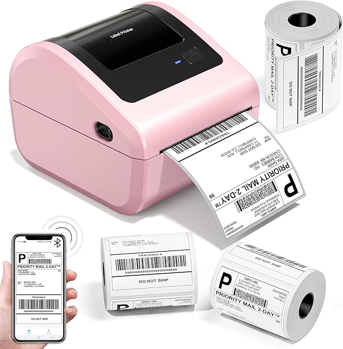 Bluetooth Shipping Label Printer with 3 Roll Labels, D450BT Pink Thermal Label Printer 4x6 for Small Business, Thermal Printers Come with 750PCS 4x6‬ White Labels (250 Labels/Roll)