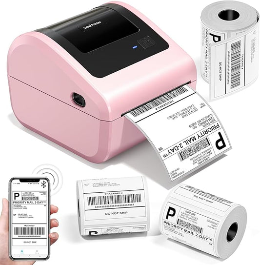 Bluetooth Shipping Label Printer with 3 Roll Labels, D450BT Pink Thermal Label Printer 4x6 for Small Business, Thermal Printers Come with 750PCS 4x6‬ White Labels (250 Labels/Roll)