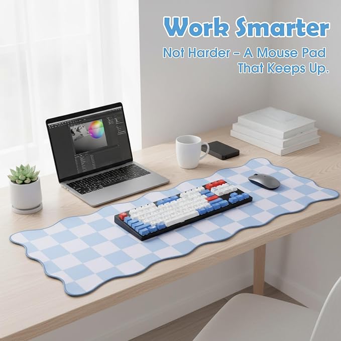 1 Pcs Blue Scalloped Checkered Desk Mat 31.5 x 11.8 Inch Large Cute Mouse Pad Computer Mat Non Slip Waterproof Rubber Base with Border Stitching Soft Keyboard Pad for Home Office Gaming Makeup