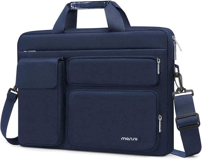 MOSISO Laptop Shoulder Bag 15.6 inch, 15-15.6 inch Computer Bag Compatible with MacBook Pro 16 inch, HP, Dell, Lenovo, Notebook with 2 Raised&1 Flapover&1 Horizontal Pocket&Handle&Belt, Navy Blue