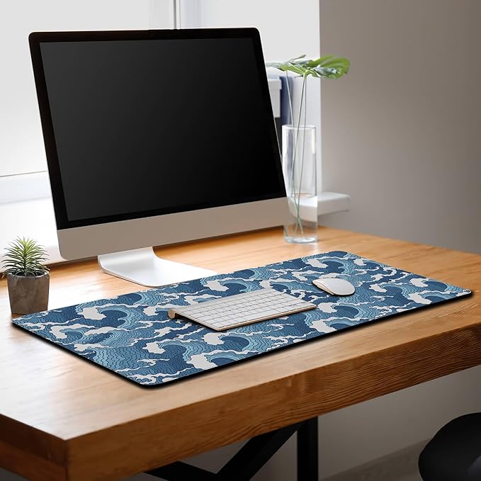 Large Desk Pads Blue and White Desktop Pad, Pc Mouse Pad Keyboard Mat, Desk Pad Gaming Waterproof Non-Slip Rubber Base, 35.4 X 15.7 inch for Work/Game/Office/Home Japanese Abstract Waves