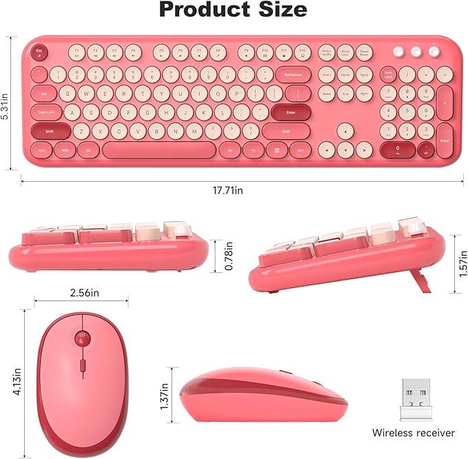Wireless Keyboard and Mouse Combo, 2.4Ghz USB Retro Full Size Typewriter Keyboard and Cute Mouse Set for Windows 7/8/10, Laptop, Desktop, PC, Computer