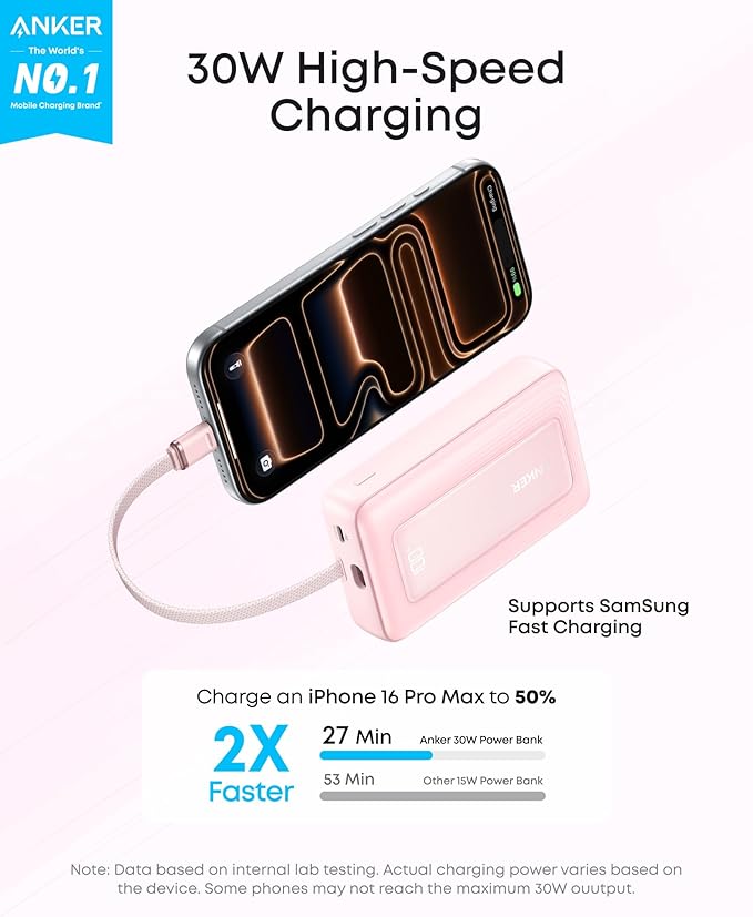 Anker Portable Charger, 10,000mAh 30W Power Bank, USB-C in and Out Fast Charging Battery Pack, Travel Essential Phone Power Bank, for iPhone 17/16, Galaxy and More (Pink, 10000, Milliamp Hours)