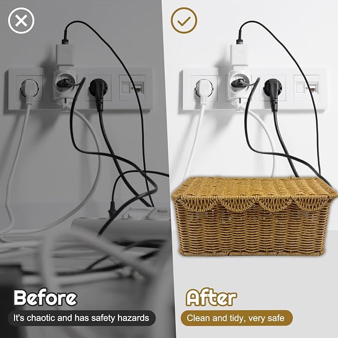 Scalloped Edge Handmade Cable Management Box, Elegant Plastic Rattan Cable Organizer, 2 Open Slots Sturdy Cord Hider Box, Under Desk Cord Organizer for Home TV Wires Computer Router USB Hub Strip (1) - Image 6