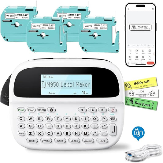 Label Maker Machine with 4 Tapes, M950 Rechargeable Backlit Portable Labelmaker, Inkless 12mm Label Printer for Pantry Organizer, Waterproof Removable Freezer Food-Labels for Jars/Containers/Bottle