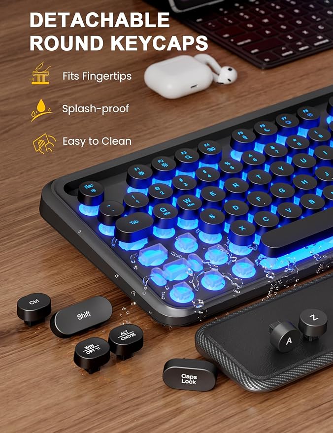 Wireless Keyboard and Mouse Combo - Backlit Typewriter Keyboard with Magnetic Wrist Rest & Phone Holder, Light Up Round Keycaps, 2.4GHz Cordless Set for Mac, Windows, PC, Laptop, SABLUTE