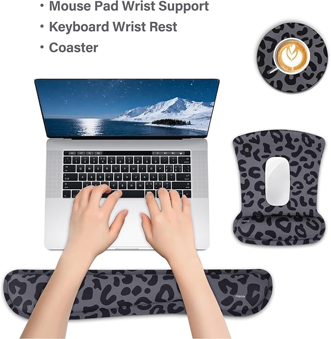 MOSISO Wrist Rest Support for Mouse Pad&Keyboard Set, Leopard Grain Ergonomic Mousepad&Coaster Non-Slip Base Home/Office Pain Relief&Easy Typing Cushion with Neoprene Cloth&Raised Memory Foam, Black
