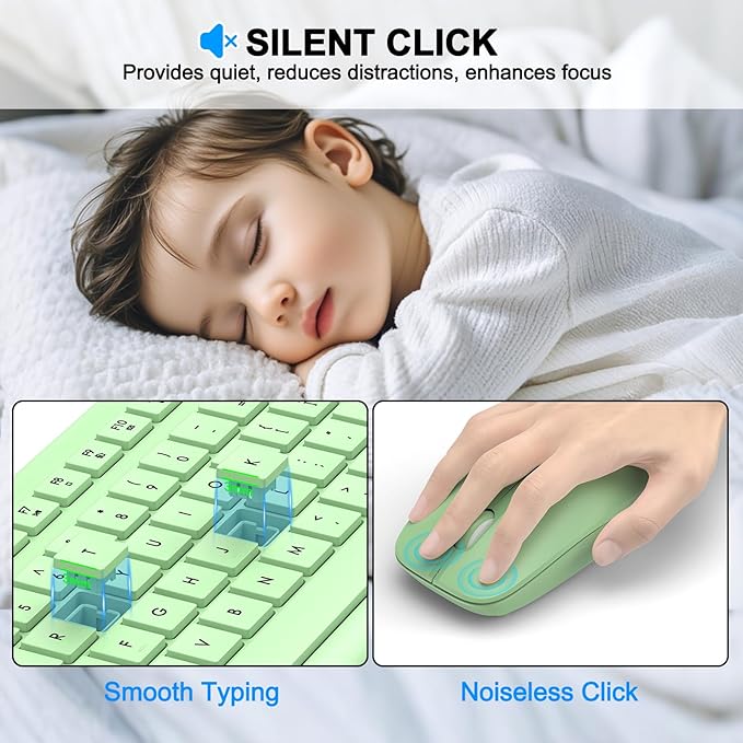 Wireless Keyboard and Mouse Combo, Full-Size Silent Ergonomic Keyboard and Optical Mouse, Long Battery Life, 2.4G Lag-Free Mice Keyboard for Mac, Laptop, PC, Windows(Avocado Green)