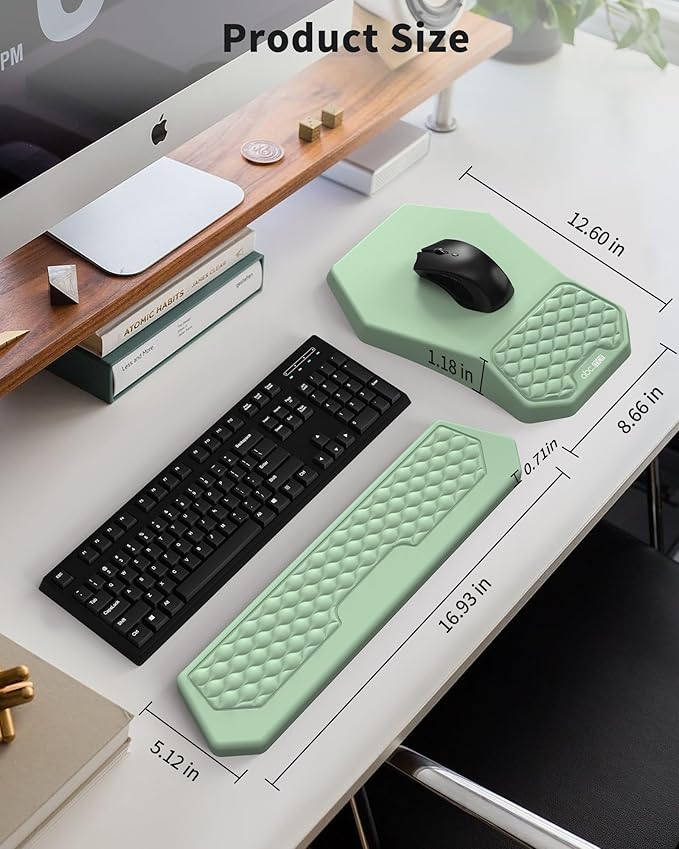 Ergonomic Mouse Pad Wrist Rest Support, Massage Design Surface for Carpal Tunnel Pain Relief, Memory Foam, Non-Slip PU Base for Computer Desk, Green