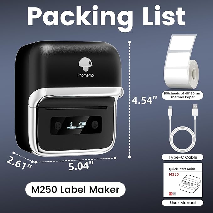 Phomemo M250 3 Inch Label Maker Machine with Tape, 2026 Upgrade Portable Barcode Label Printer for Business, Home, Logo Label, Thermal Address Label Maker with 100 Labels, 40x30mm