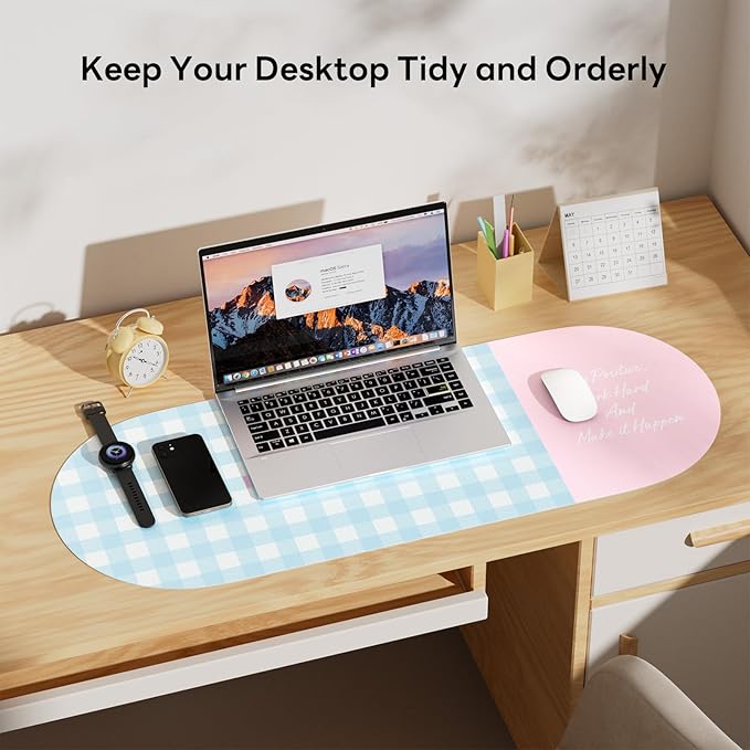 Checkered Pattern Desk Pad Protector, 35.5 x 13'' Aesthetic Mouse Mat for Desktop, Waterproof PU Leathe Non-Slip Desk Writing Pad for Office and Home, Blue and Pink