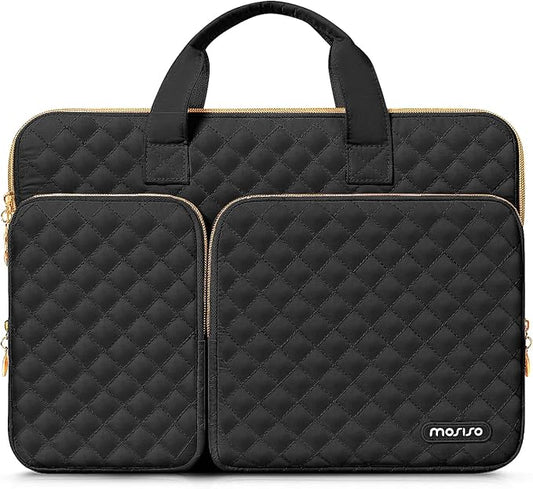MOSISO 360 Protective Laptop Case 13.3 inch, 13-13.3 inch Laptop Sleeve Compatible with MacBook Air/Pro 13/Pro 14,HP Dell ASUS Lenovo, Square Quilted Bag Cover with 2 Pockets&Handle&Belt, Black