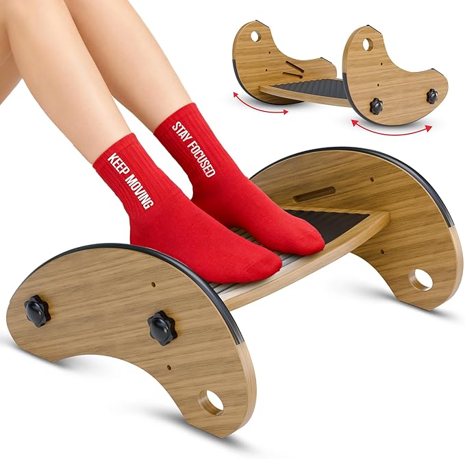 Bamboo Foot Rest for Under Desk at Work, Adjustable Foot Stool, 2-in-1 Reversible Rocking Footrest, Static Leg Rest, 16in Wide Surface, Non-Slip Breathable Pad, Home Office Ergonomic Support at Work