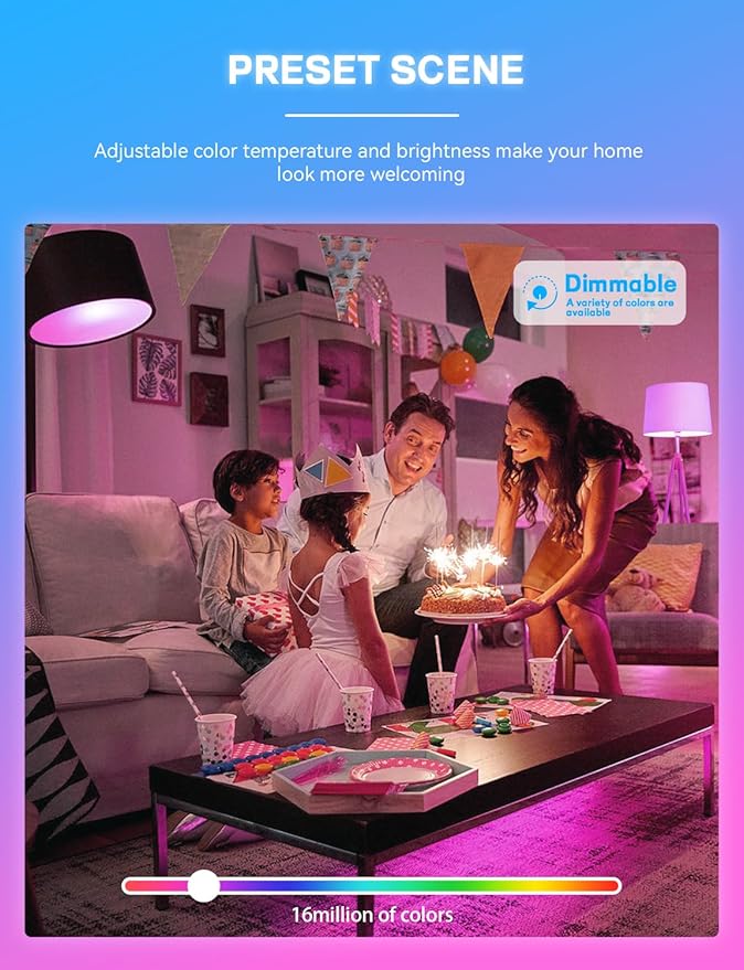 Smart Light Bulbs, WiFi & Bluetooth 5.0, Work with Alexa Google Assistant, App Control, Color Changing LED Bulb,E26 800LM Dimmable RGB Lights, Smart Home Lighting, Dimmable, 4Pack with Remote