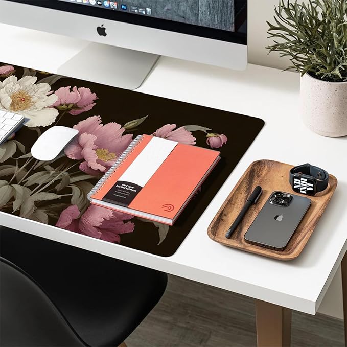 Large Mouse Pad, Black Floral Desk Mat for Desktop, Women Girls Flowers PU Leather Waterproof Desk Pad, Computer PC Laptop Protector Gaming Mouse Pads for School Office Home 31.5" x 15.7"