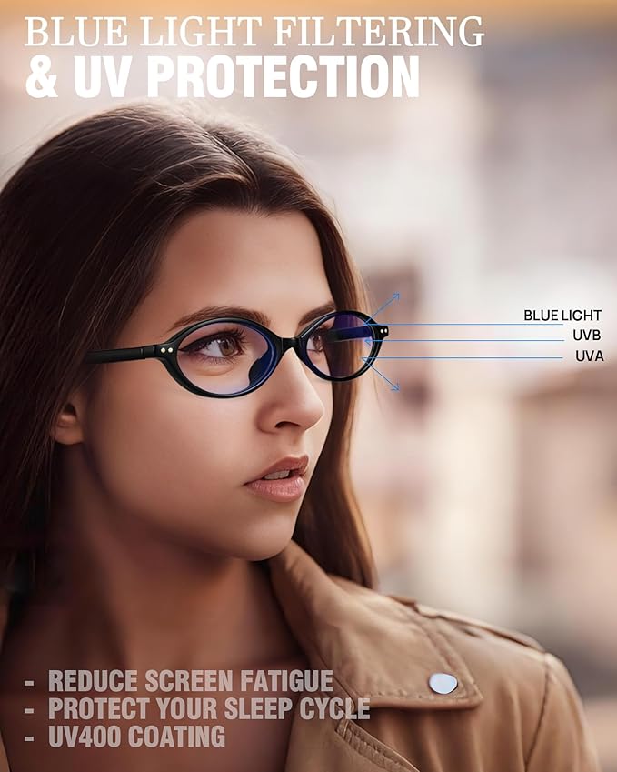 1 Pack Oval Blue Light Glasses for Women, Lightweight TR90 Small Frame with Spring Hinge for All-Day Comfort, Anti UV Glare & Eyestrain