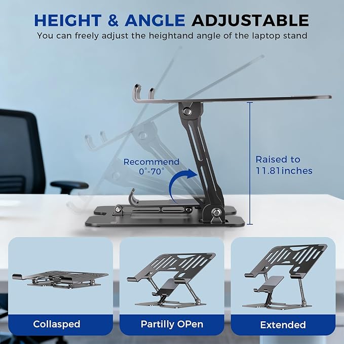 Ergonomic 2-in-1 Laptop Phone Stand for Desk, Adjustable Riser, Sturdy and Portable, Fits All Laptops and Phone (Black)