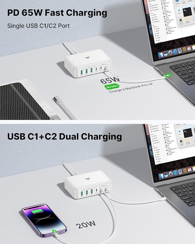 165W USB C Charger Block, 6 Port Multi USB-C Charging Station,65W PD Fast USBC Gan Charger Station Hub Dock for Multiple Devices, Laptop Type C Charge for MacBook/iPhone 16/iPad/Galaxy S25(5FT Cord)