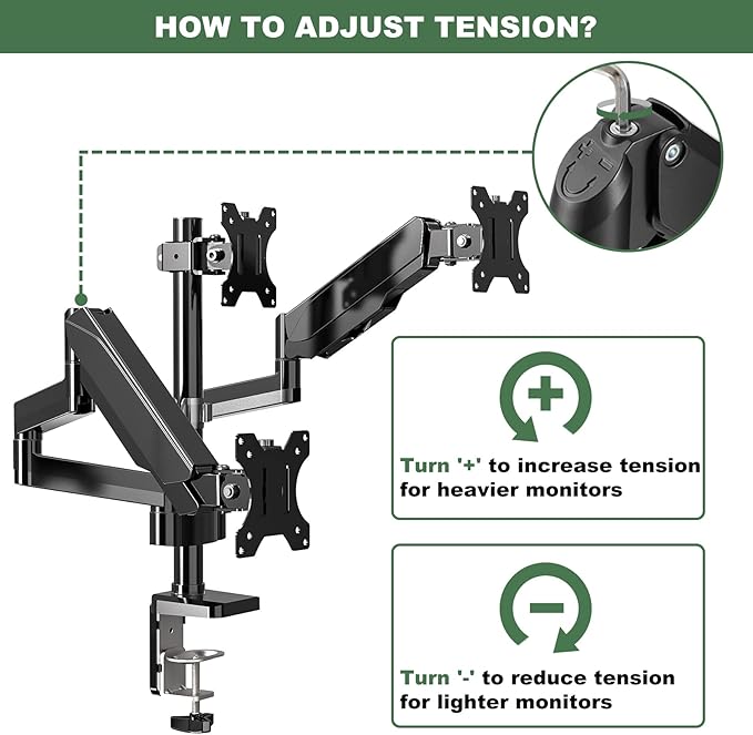 UPGRAVITY Triple Monitor Desk Mount for Three Flat/Curved Computer Screens up to 27 inch, Fully Adjustable Gas Spring Triple Monitor Arms Hold up to 17.6lbs, VESA 75x75/100x100mm