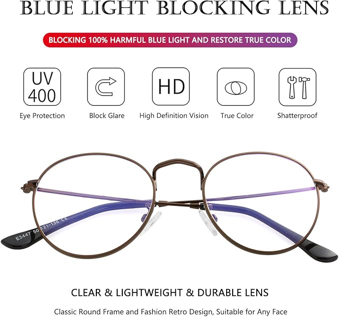 AIEYEZO Blue Light Glasses for Women Men Fashion Retro Circle Wire Frames Eyeglasses Anti-Blue Light Computer Gaming Glasses