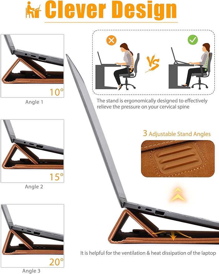 HYZUO 13.3-14 Inch Laptop Sleeve Case Bag with Adjustable Stand for MacBook Pro 14 M5/M4/M3/M2/M1 Pro/Max A3426 A3427 2026-2021, MacBook Air/Pro 13.3, 13.8-13.5 Surface Laptop, Brown