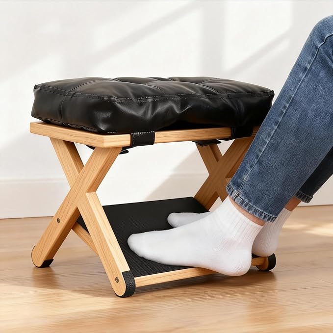 Wooden Under Desk Footrest with Non-Slip Rubber Stepping Surface, Ergonomic Foot Stool for Home Office Gaming Work Posture Support (Wood Color)