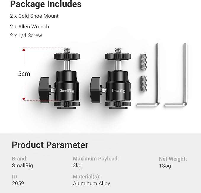 SmallRig 1/4" Camera Hot Shoe Mount, Ballhead Tripod with Additional 1/4" Screw, 2pcs Pack - 2059 - Image 7