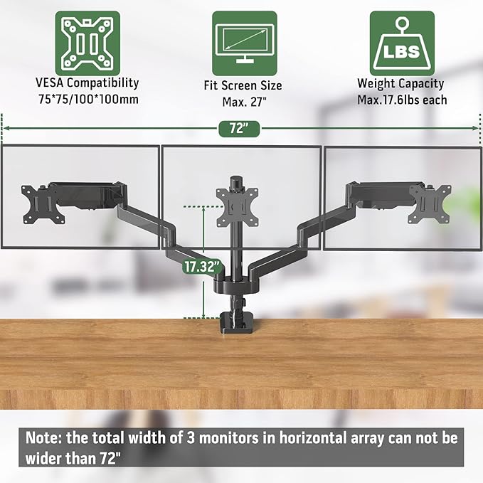 UPGRAVITY Triple Monitor Desk Mount for Three Flat/Curved Computer Screens up to 27 inch, Fully Adjustable Gas Spring Triple Monitor Arms Hold up to 17.6lbs, VESA 75x75/100x100mm
