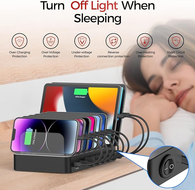 Unitek 8 Port USB Charger Dock - 2 PD 20W USB-C + 6 USB-A Ports Fast Charging Station for iPhone, iPad, Samsung Devices - Black Multi Tablet Holder & Organizer