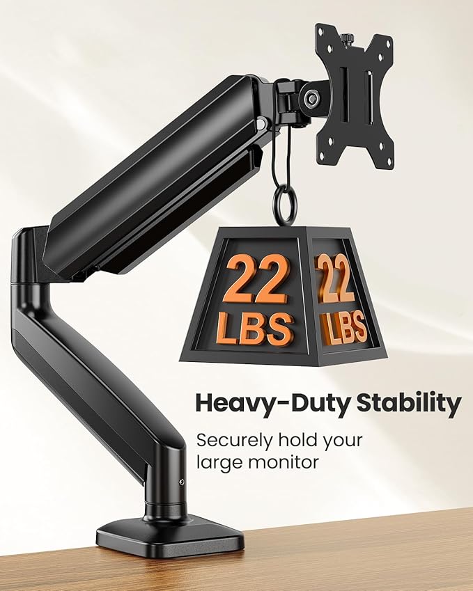 ErGear Single Monitor Arm, Adjustable Monitor Mount for 17–49 inch Screens, Computer Monitor Stand with VESA Mount, C-Clamp & Grommet Base, Max Load 22 lbs, Max VESA 100x100mm, EGSS25B