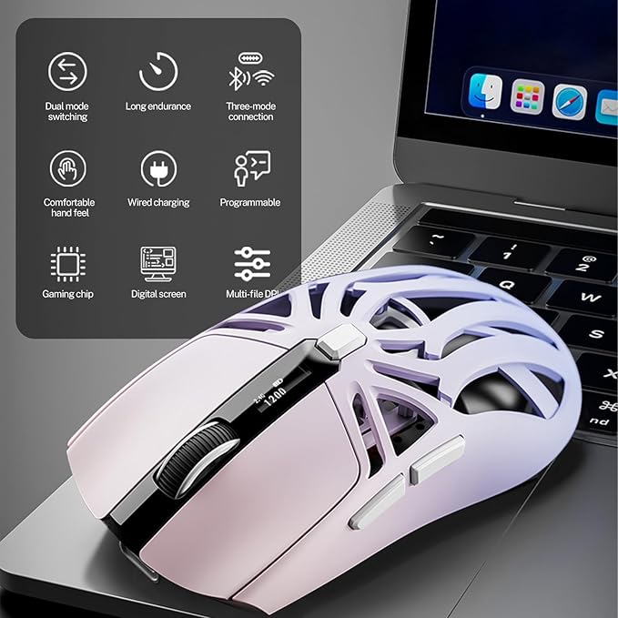 Wireless Gaming Mouse, 10000 DPI, Tri-Mode 2.4GHz/Bluetooth/Wired Mouse, 6 Buttons, Digital Display, Silent Mice, Rechargeable, Customizable Macro and RGB Backlight for PC/Mac/Laptop (Purple)