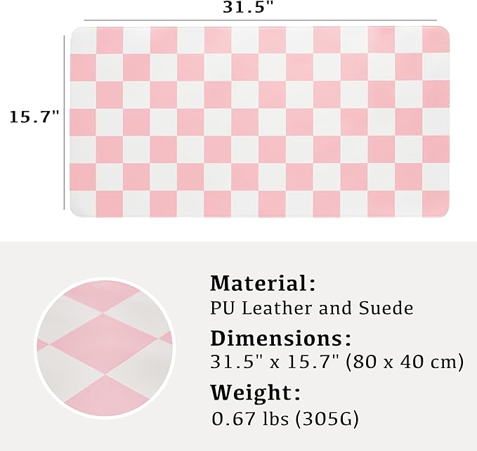 Checkered Desk Mat, 31.5" x 15.7" Large Cute Pink Aesthetic Girl Women Accessories, PU Leather Computer Laptop Desk Mat, Mouse Keyboard Pad, Desk Writing Makeup Mat for Vanity Work/Home Decor