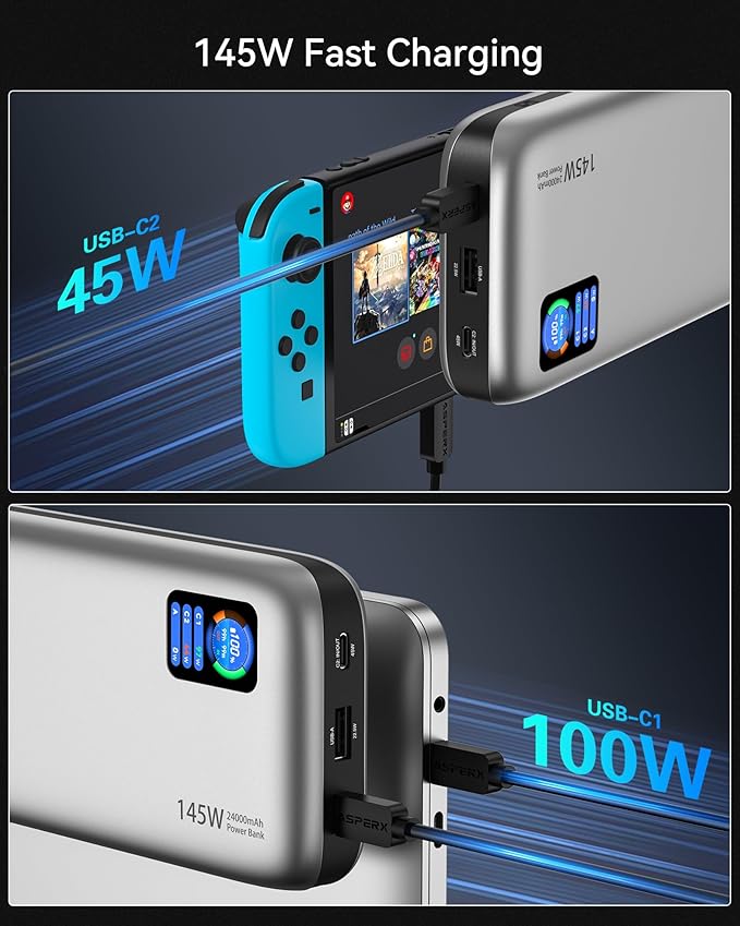 AsperX Laptop Power Bank,24,000mAh 145W PD 3.1 Fast Charging Portable Charger, TFT Smart Display USB C Battery Pack(86.4Wh) for MacBook/iPhone 16/Dell XPS/Galaxy S25/Steam Deck/ipad (Flight-Approved)