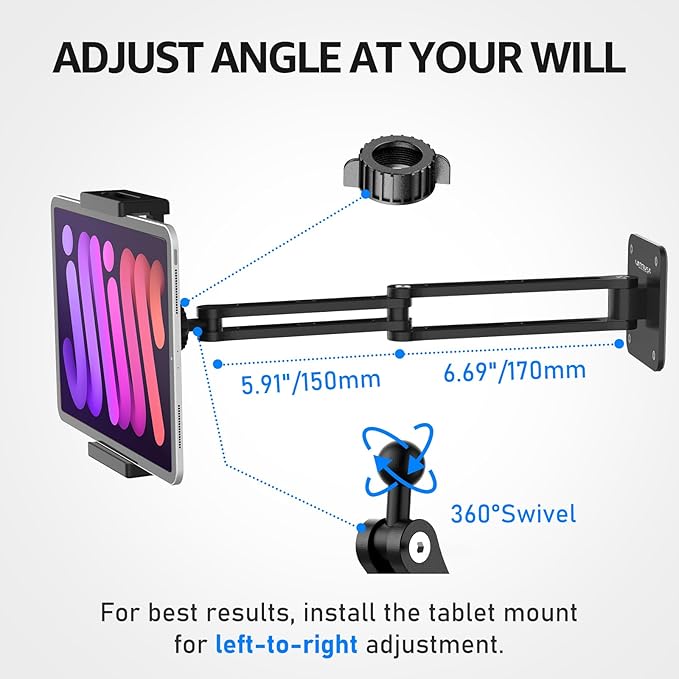 Adjustable Tablet Wall Mount, Aluminum iPad Wall Mount Holder with 360° Swivel, Extendable Wall Mount for 4.7-13" Phones & Tablets, Long Arm Foldable Bracket for iPad Pro/Air/Mini,Galaxy Tab, Kindle