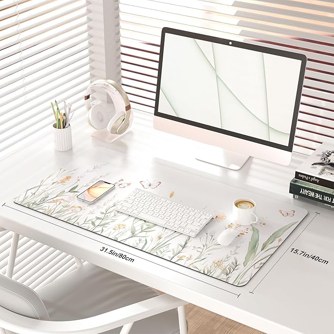 QIYI Large Mouse Pad for Desk, Floral Computer Desk Mat for Keyboard and Mouse, Non-Slip Rubber Base Waterproof Leather Desk Pad, Green Leaves Gaming Mousepad Office Desk Accessories, 31.5" x 15.7"