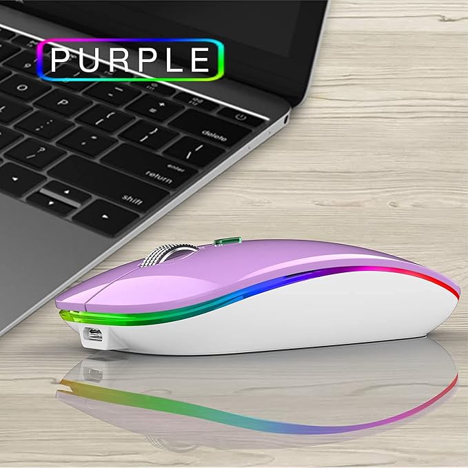 Uiosmuph LED Wireless Mouse, G12 Slim Rechargeable Silent Mouse, 2.4G Portable USB Optical Wireless Computer Mice with USB Receiver and Type C Adapter (Purple)