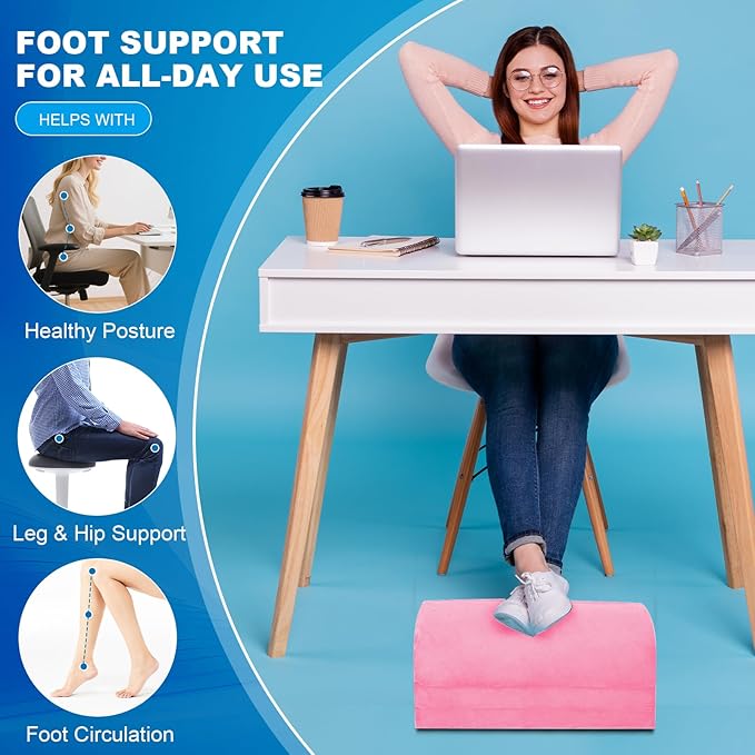 Foot Rest for Under Desk at Work, Foot Stool with Washable Cover, Comfortable Office Desk Accessories, Footrest with 3 Adjustable Heights, for Offices Gaming Chair, for Leg Support, Pink