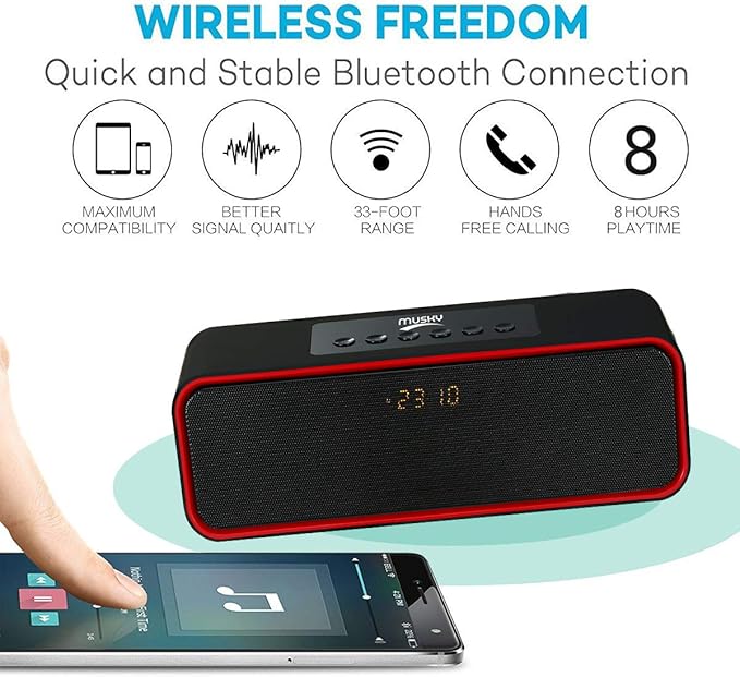 Portable Bluetooth Speaker, with10W Acoustic Driver, LED Display, FM Radio, Alarm Clock, Handsfree Speakerphone, Slots for Micro SD Card & USB & AUX-in, for Smart Phone, Tablet and More(DY22L-Black)